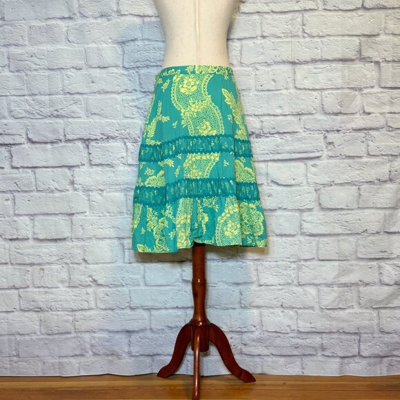 Anthropologie Odille Teal & Chartreuse Paisley Knee-Length Skirt - Picture 2 of 9